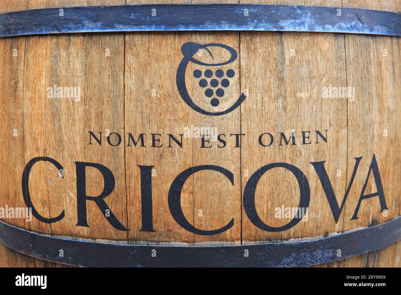 Close-up of a barrel at the Cricova Winery in Cricova, Moldova Stock Photo