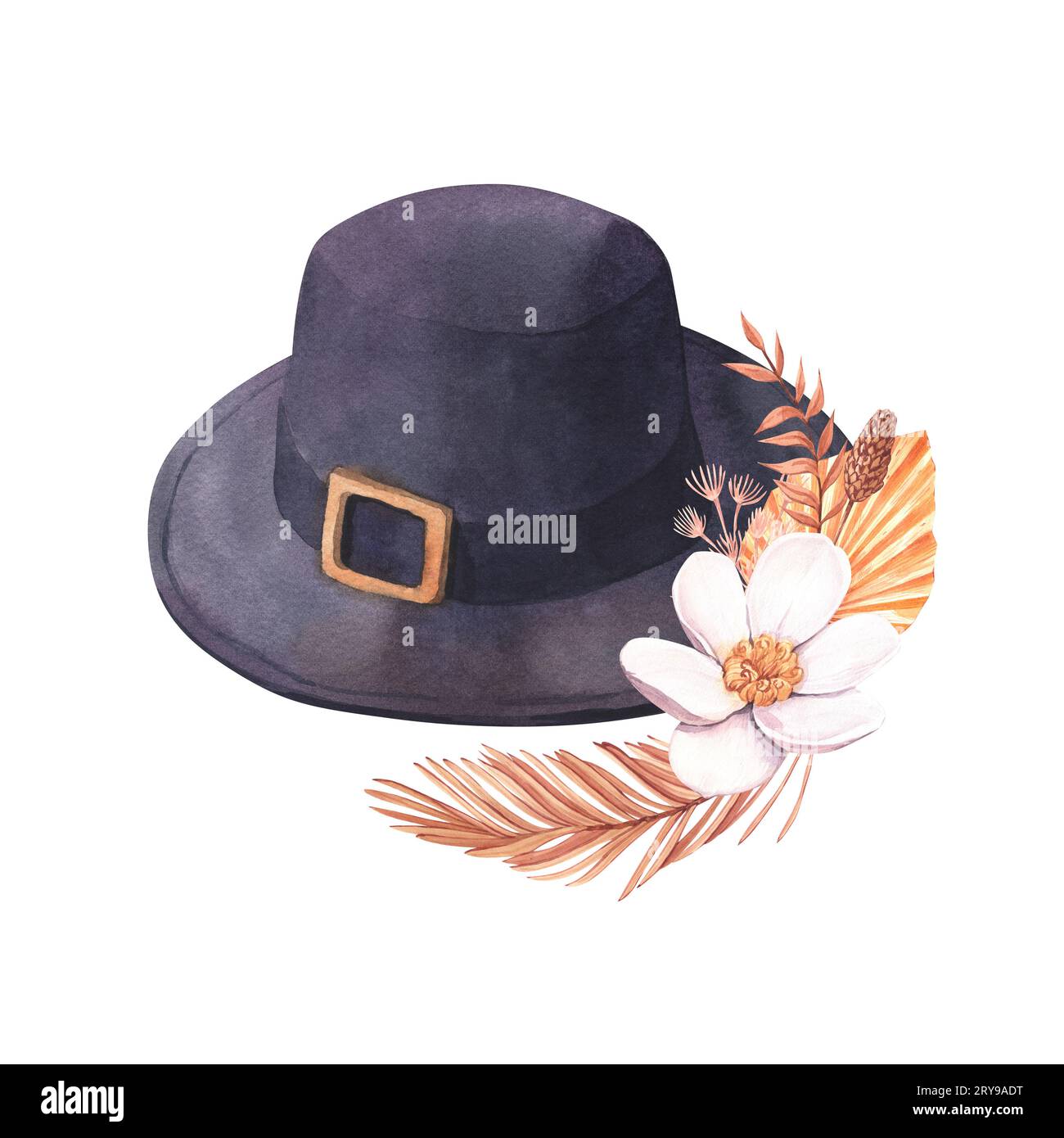 Watercolor realistic pilgrim black hat and leaves. Hand-drawn illustration isolated on white background. Perfect for card thanksgiving, packing Stock Photo