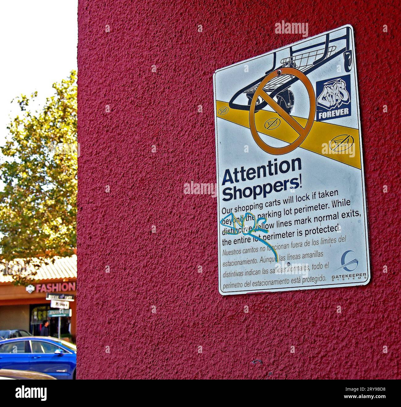 Attention Shoppers locking shopping carts notice in English and Spanish