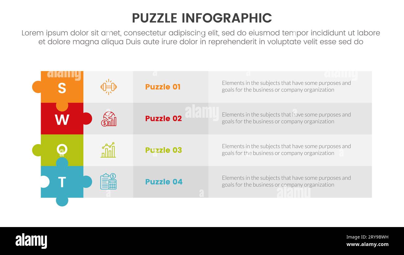 puzzle jigsaw infographic 4 point stage template with long rectangle box table on center with description for slide presentation vector Stock Photo