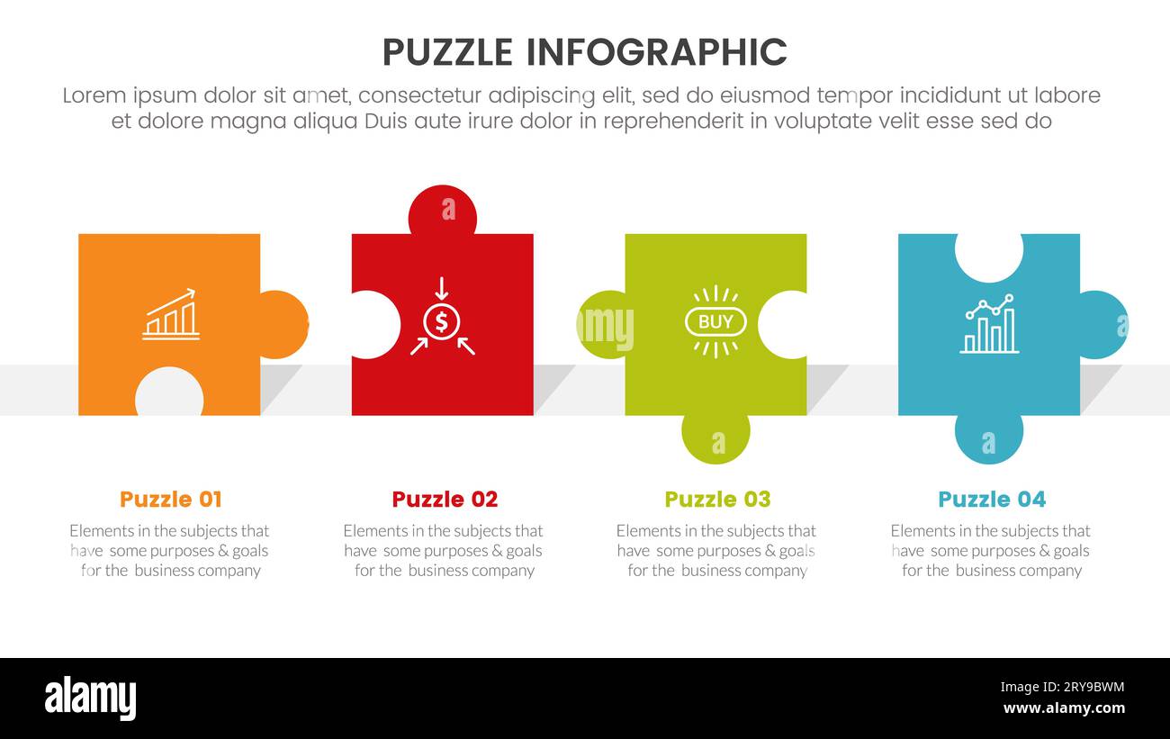 puzzle jigsaw infographic 4 point stage template with horizontal direction balance with description for slide presentation vector Stock Photo