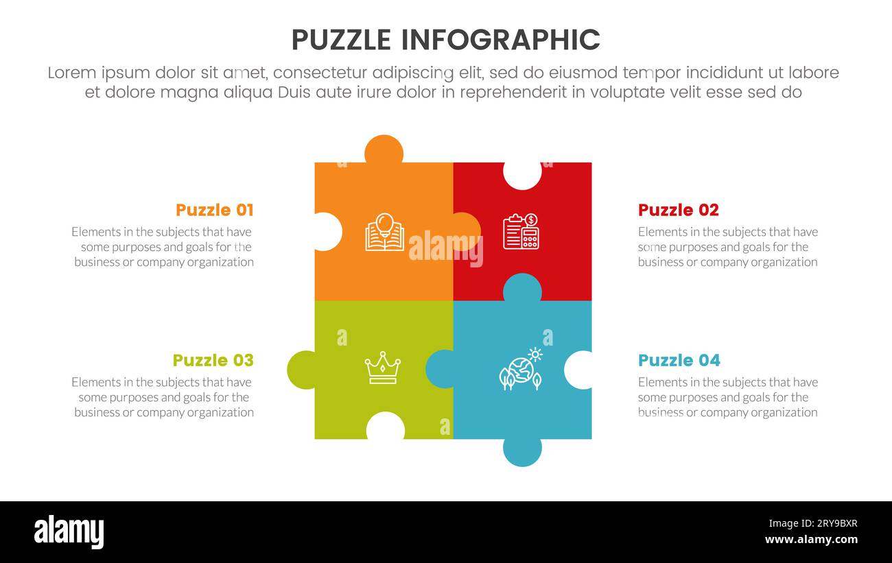 puzzle jigsaw infographic 4 point stage template with square shape combination on center with description for slide presentation vector Stock Photo