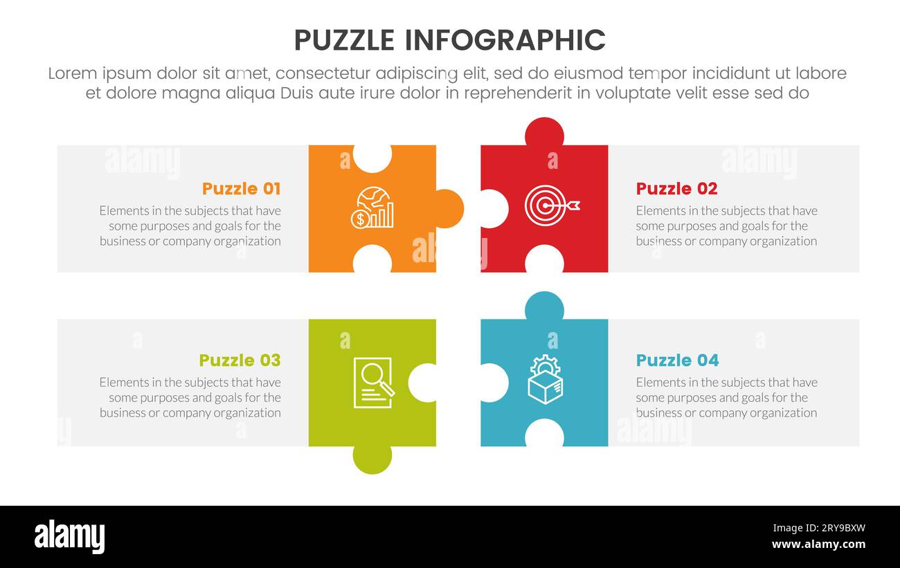 puzzle jigsaw infographic 4 point stage template with long rectangle box horizontal with description for slide presentation vector Stock Photo