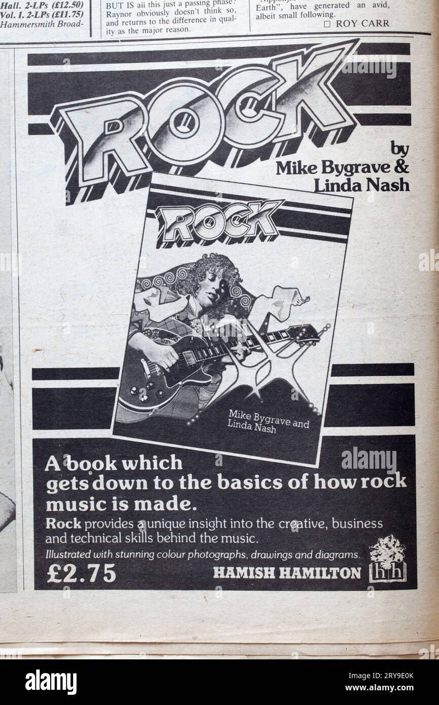 Advert for book about Rock Music in 1970s issue of New Musical Express or NME Stock Photo