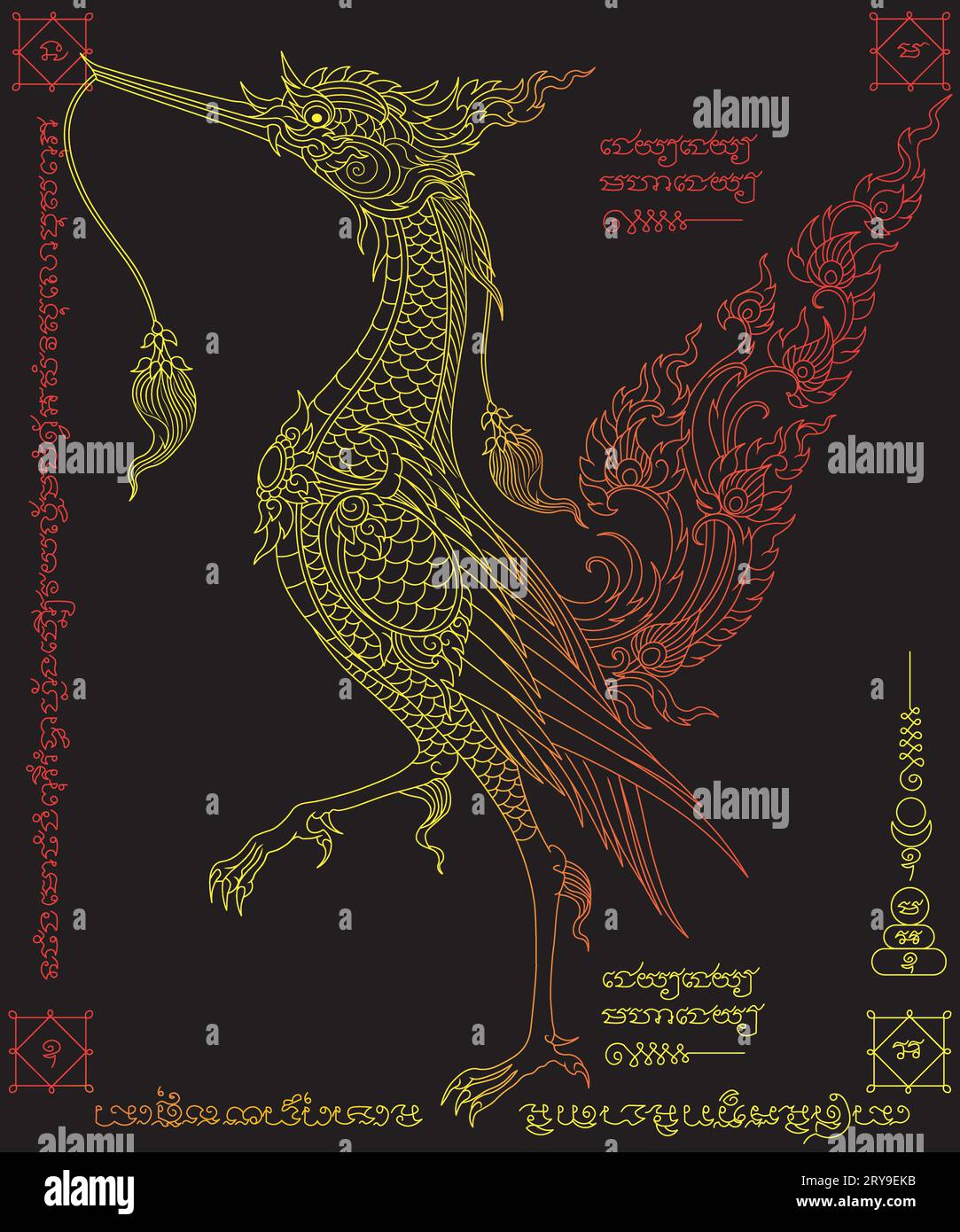 golden swan on black background.swan tattoo golden lines.ancient bird traditional thai art.thai tattoo.Sak Yan talisman traditional Thai tattoo Stock Vector
