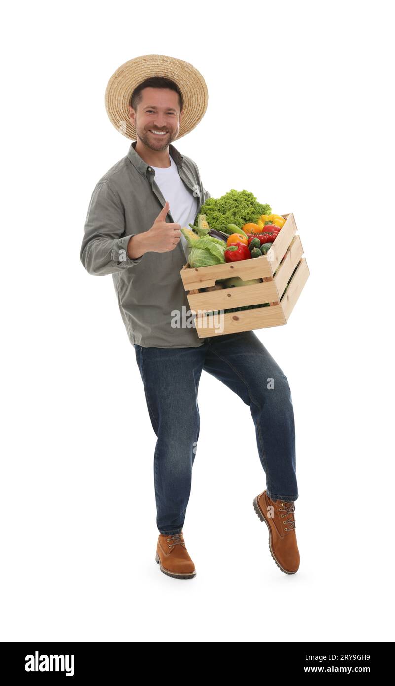 Harvesting season. Happy farmer holding wooden crate with vegetables ...