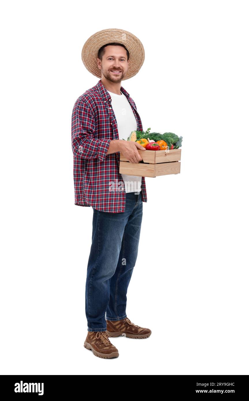 Harvesting season. Happy farmer holding wooden crate with vegetables on ...