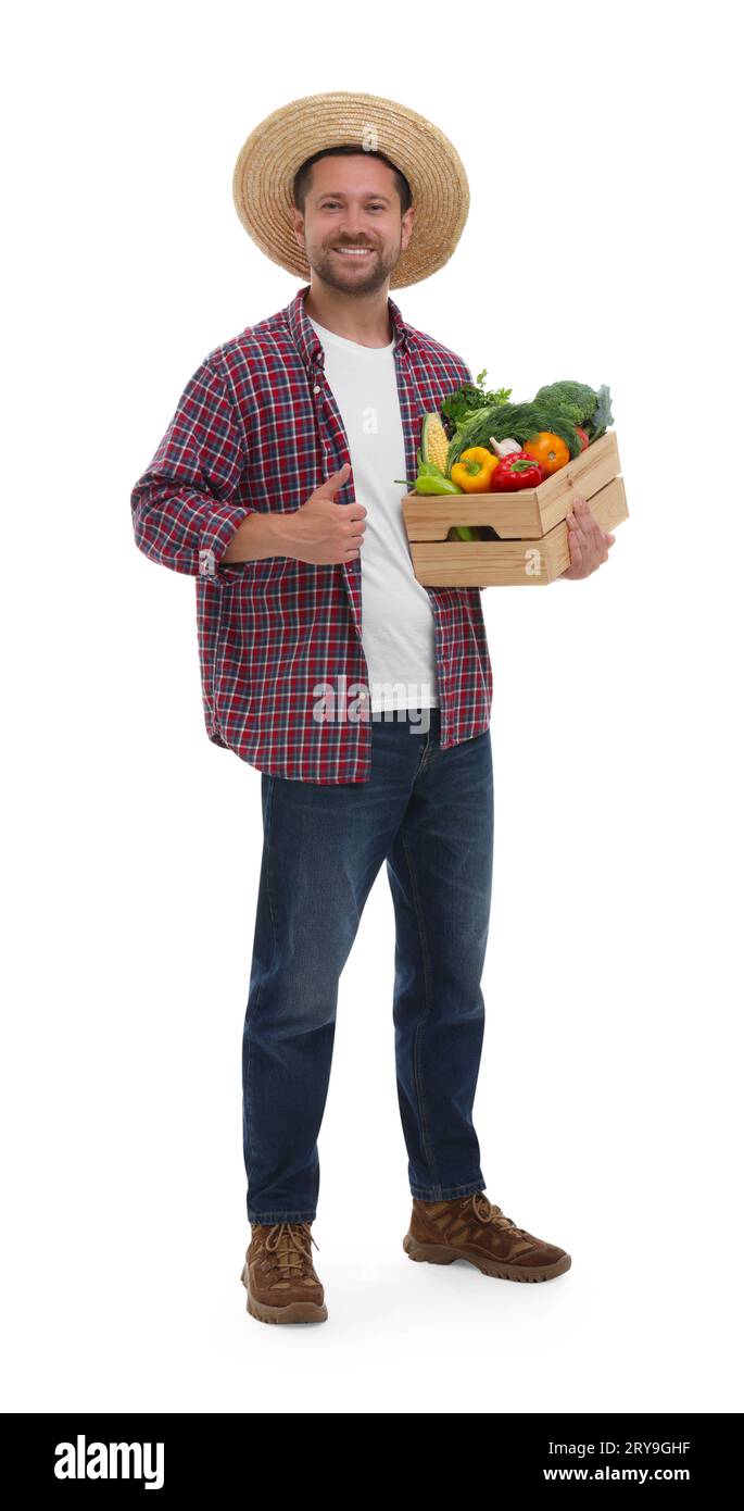Harvesting season. Happy farmer holding wooden crate with vegetables ...