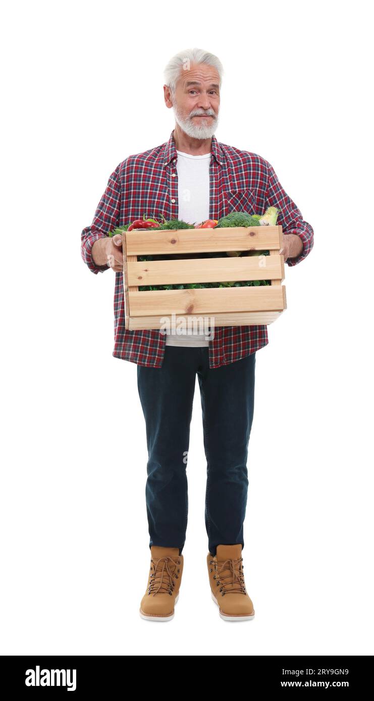 Harvesting season. Farmer holding wooden crate with vegetables on white ...