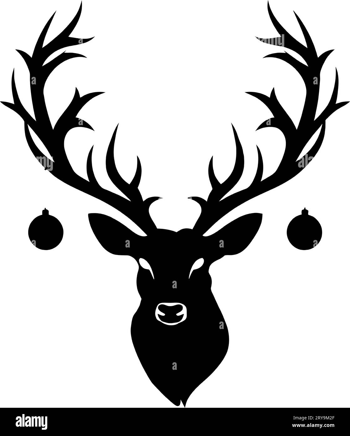 Silhouette of deer head with christmas tree toys on horns isolated on
