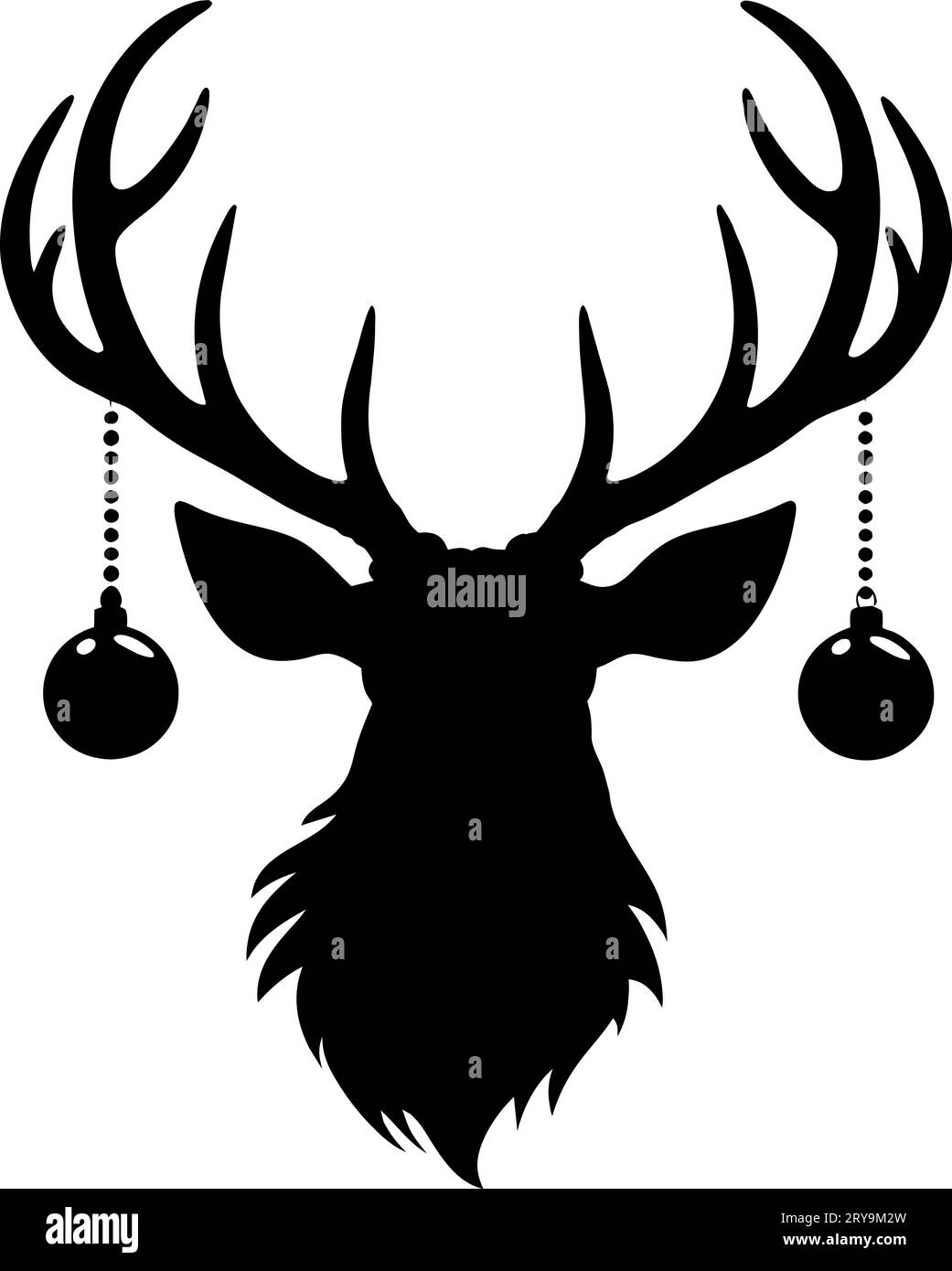 Black silhouette of deer head with antlers and with christmas tree toy balls on horns. vector flat icon isolated on white background Stock Vector