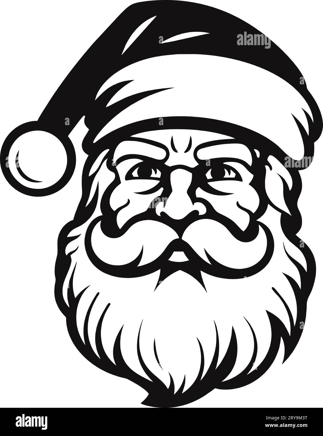 Vector isolated Santa Claus Father Christmas Saint Nicolas head face portrait stencil colorless black and white outline silhouette shadow shape. Stock Vector