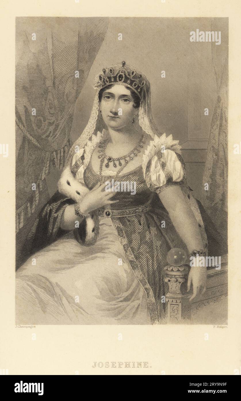 Josephine Bonaparte, empress consort of French Emperor Napoleon I, 1763-1814. Born Marie Josèphe Rose Tascher de la Pagerie, formerly de Beauharnais. Wearing a crown, veil, ermine cloak, seated on a throne. Steel engraving by F. Halpin after a portrait by Jules Champagne from Frank B. Goodrich’s The Court of Napoleon or Society under the First Empire, J. B. Lippincott, Philadelphia, 1875. Stock Photo