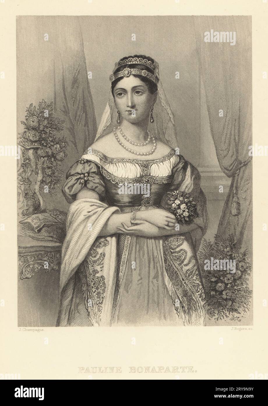 Pauline Bonaparte, younger sister of Napoloen, 1780-1825. Born Paula Maria Bonaparte Leclerc Borghese, imperial French princess, sovereign Duchess of Guastalla and the princess consort of Sulmona and Rossano. Steel engraving by John Rogers after a portrait by Jules Champagne from Frank B. Goodrich’s The Court of Napoleon or Society under the First Empire, J. B. Lippincott, Philadelphia, 1875. Stock Photo