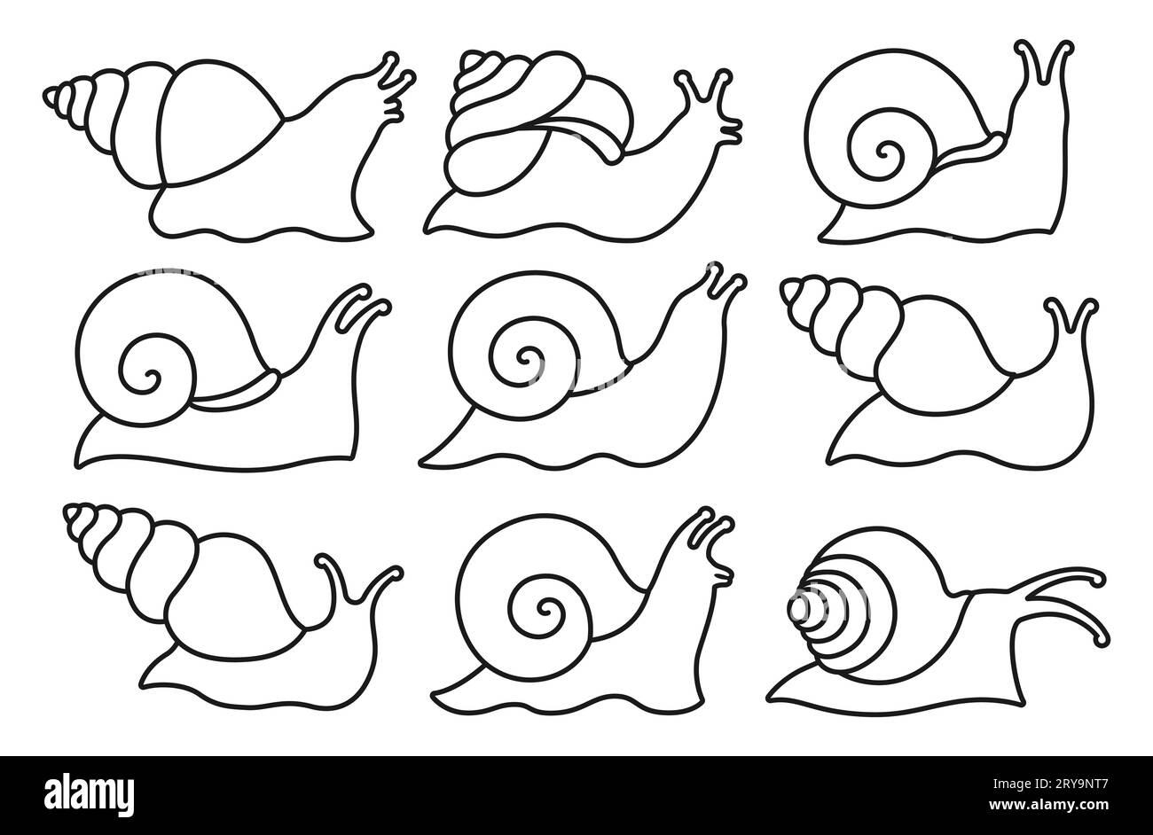 Snail child outline icon set. Funny baby simple symbol spiral snails