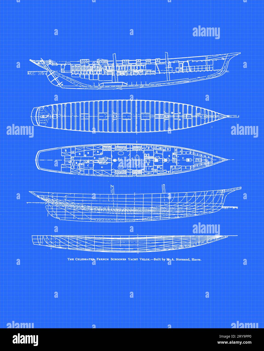 French schooner yacht Velox blueprints, illustration Stock Photo