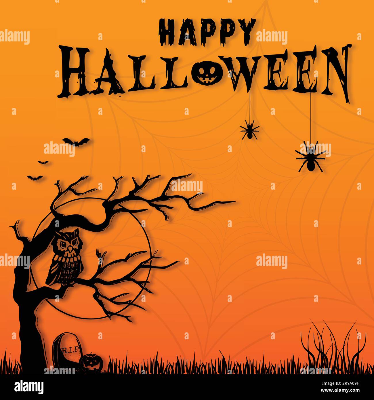 Halloween poster, flyer template design. Happy Halloween party poster design with old tree, graveyard, spider, owl and scary pumpkin. Art cover horror Stock Vector