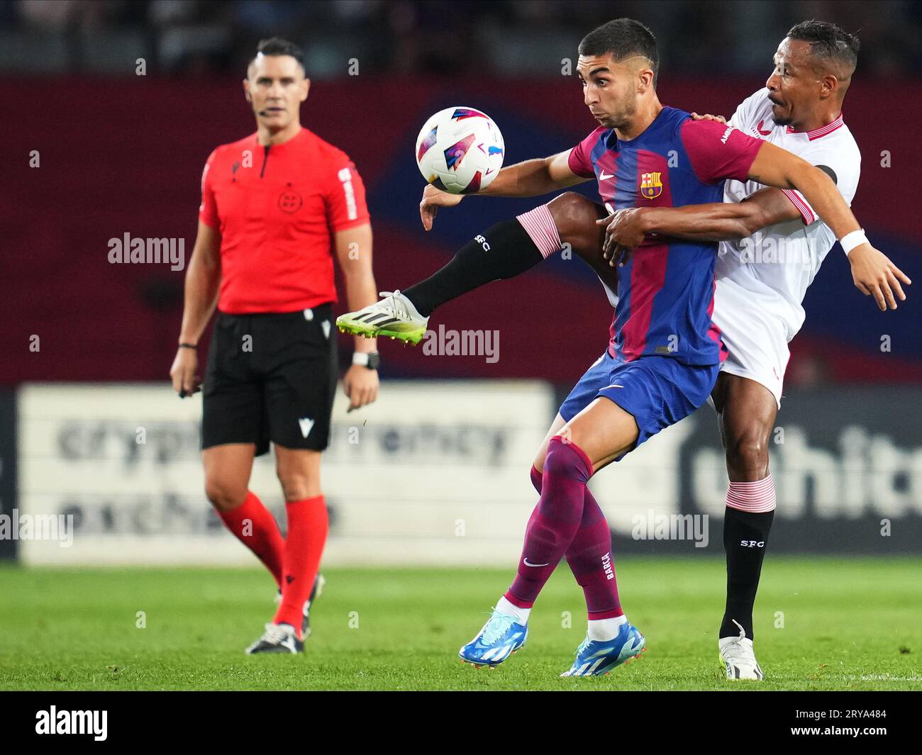Barcelona, Spain. 29th Sep, 2023. Ferran Torres of FC Barcelona and Fernando Reges of FC Barcelona during the La Liga EA Sports match between FC Barcelona and Sevilla FC played at Lluis Companys Stadium on September 29, 2023 in Barcelona, Spain. (Photo by Bagu Blanco/PRESSINPHOTO) Credit: PRESSINPHOTO SPORTS AGENCY/Alamy Live News Stock Photo