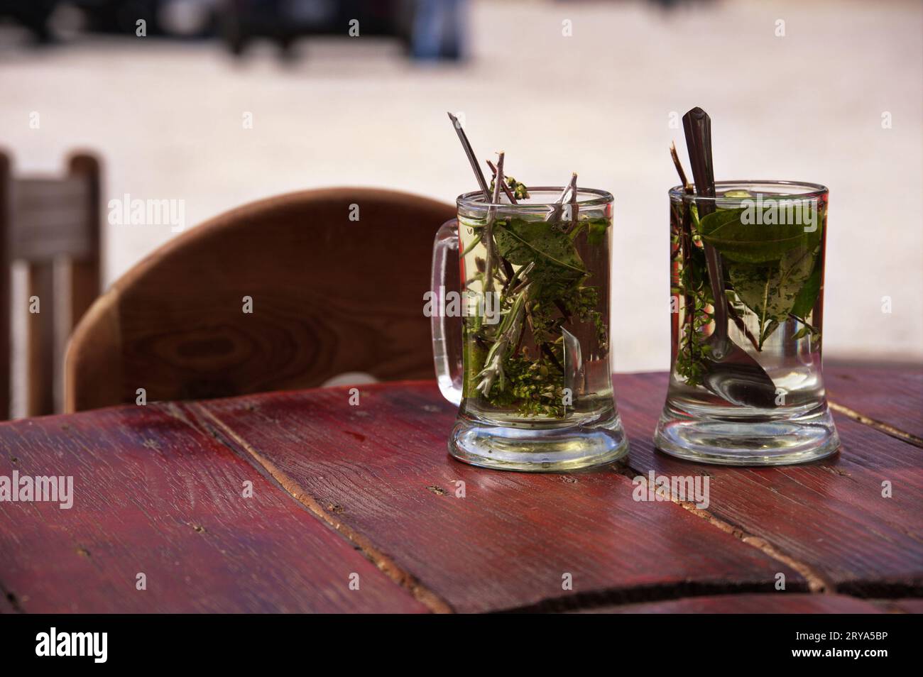 Cups of coca-leaf tea for preventing altitude sickness Stock Photo