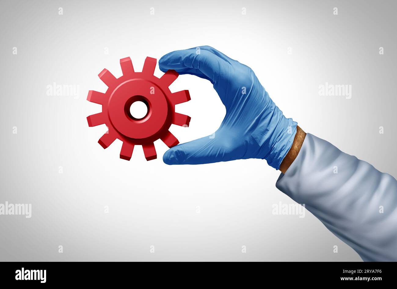 Medical Technology and Health care innovation as a doctor or nurse and researcher with a gear or cog as a medicine tech symbol for telemedicine. Stock Photo
