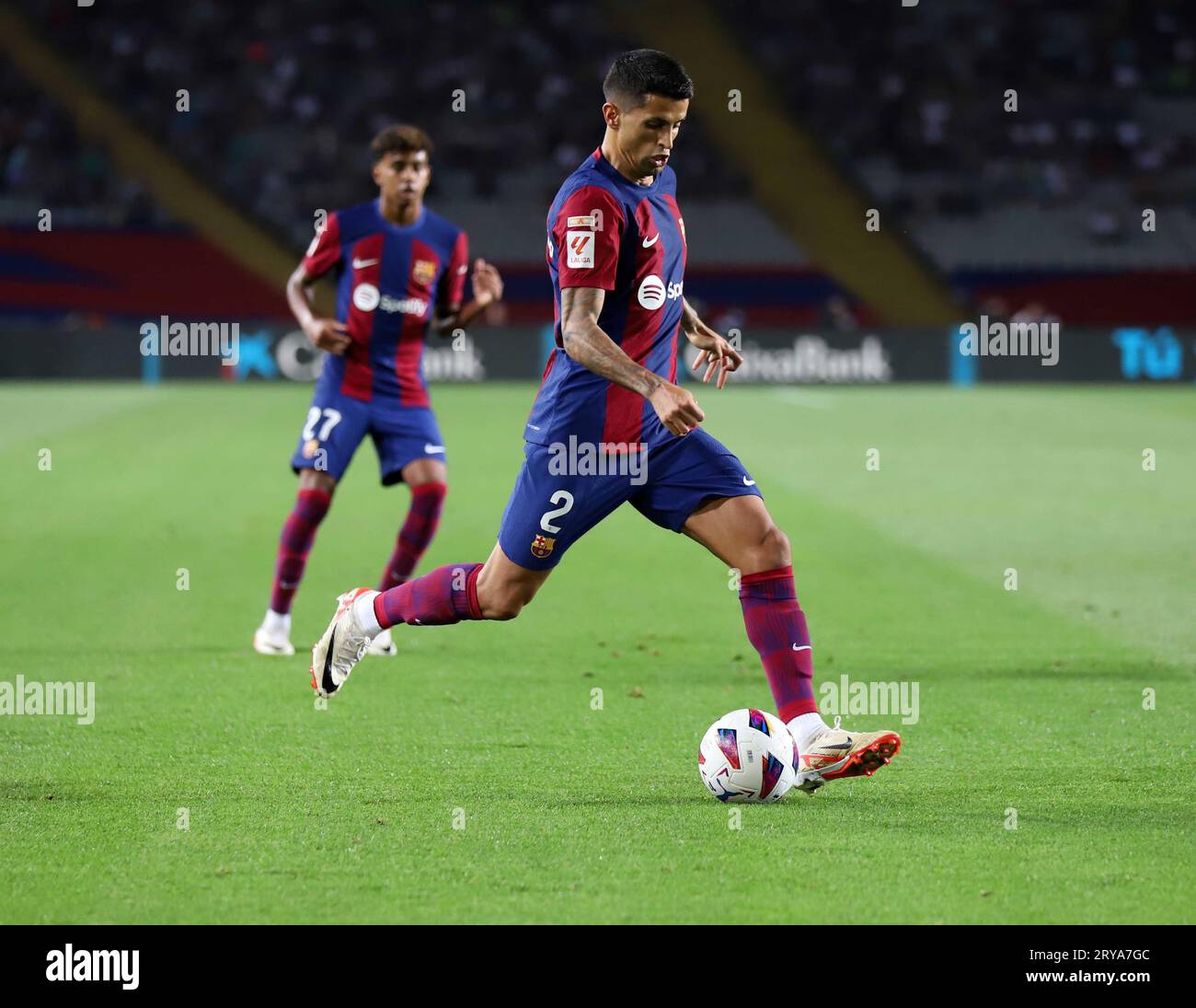 Sabadell, Barcelona, Spain. 29th Sep, 2023. Barcelona Spain 29.09.2023 Joao Cancelo (FC Barcelona) control the ball during the La Liga EA Sports between FC Barcelona and Sevilla FC at Estadi Olimpic Lluis Companys on 29 September 2023 in Barcelona. (Credit Image: © Xavi Urgeles/ZUMA Press Wire) EDITORIAL USAGE ONLY! Not for Commercial USAGE! Stock Photo