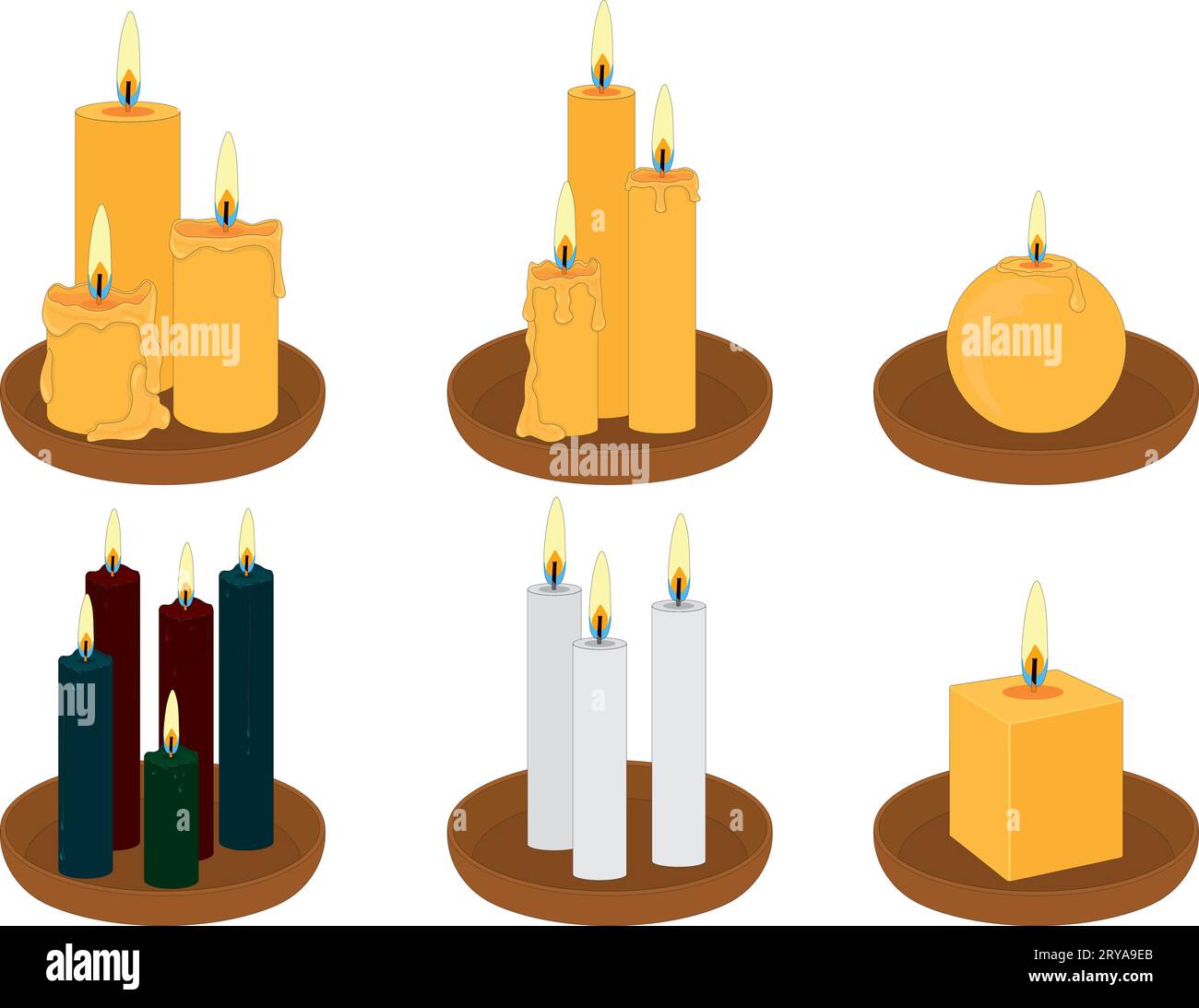 Collection of thin and thick different colour wax candles on clay