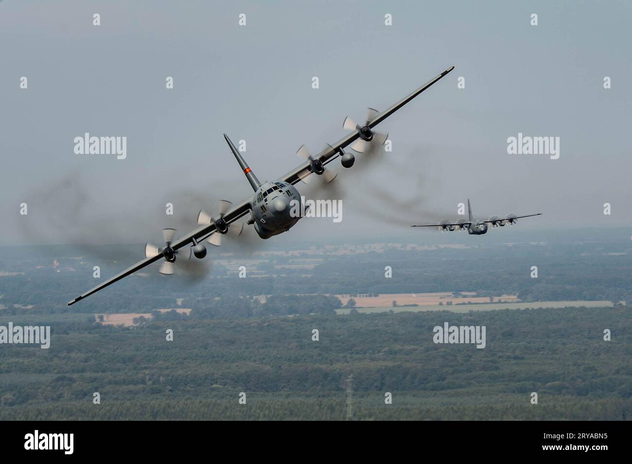 rd Air Base, Poland, Poland. 12th Sep, 2023. U.S. Air Force C-130J Super Hercules aircraft, from the 37th Airlift Squadron, Ramstein Air Base, Germany, fly in a three plane formation with the 182nd Airlift Wing, Illinois Air National Guard, out of 33rd Air Base, Poland during Aviation Detachment Rotation 23-4, Sept. 12, 2023. Members of the 86th Airlift Wing, 435th Air Ground Operations Wing, and 182nd AW, Illinois Air National Guard, deployed to Poland to support Aviation Detachment Rotation 23-4. Credit: U.S. Air Force/ZUMA Press Wire/ZUMAPRESS.com/Alamy Live News Stock Photo