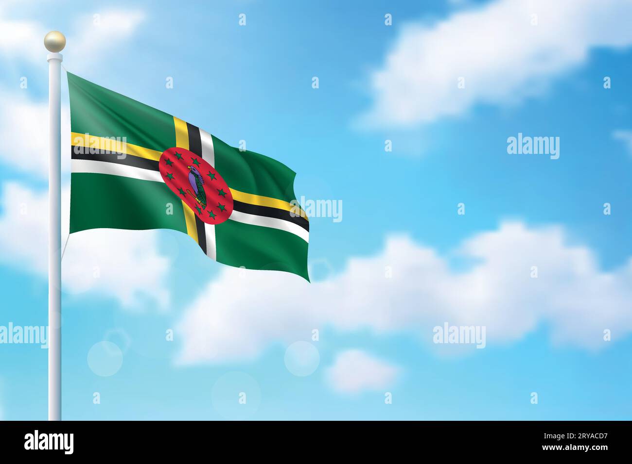 Waving flag of Dominica on sky background. Template for independence ...
