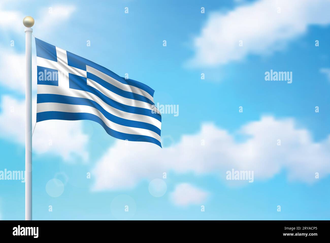 Waving flag of Greece on sky background. Template for independence day poster design Stock Vector