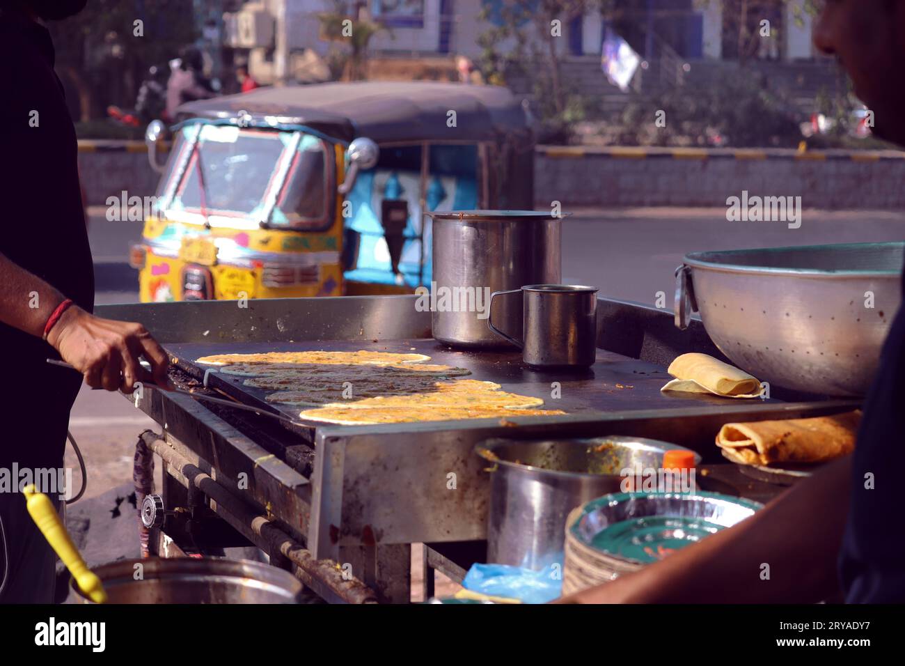 Masala Dosa, a major South Indian street food dish being prepared in a