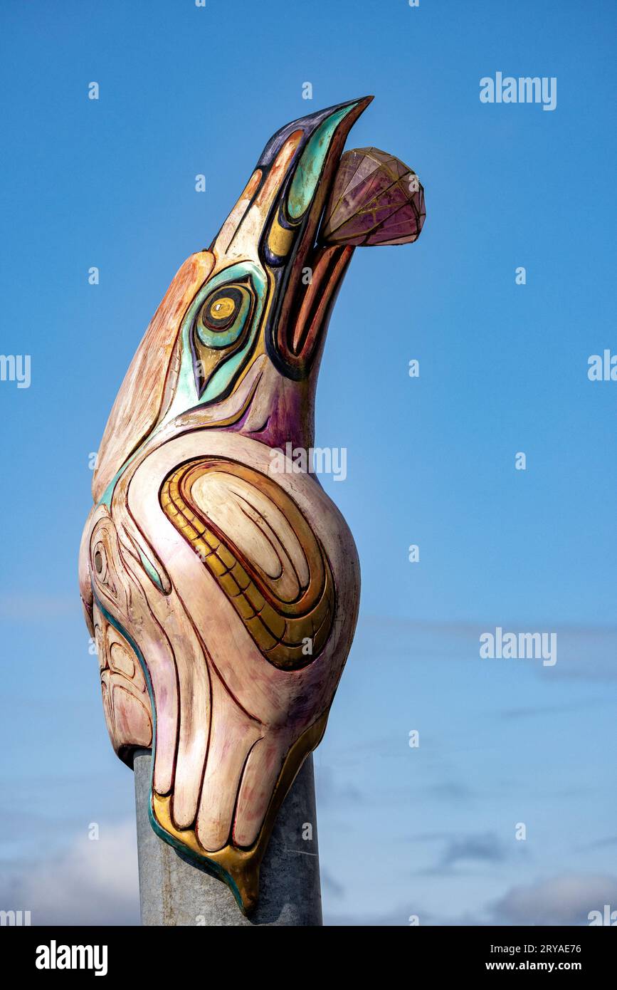 Beautiful bird totem carving in Ketchikan, Alaska, USA Stock Photo