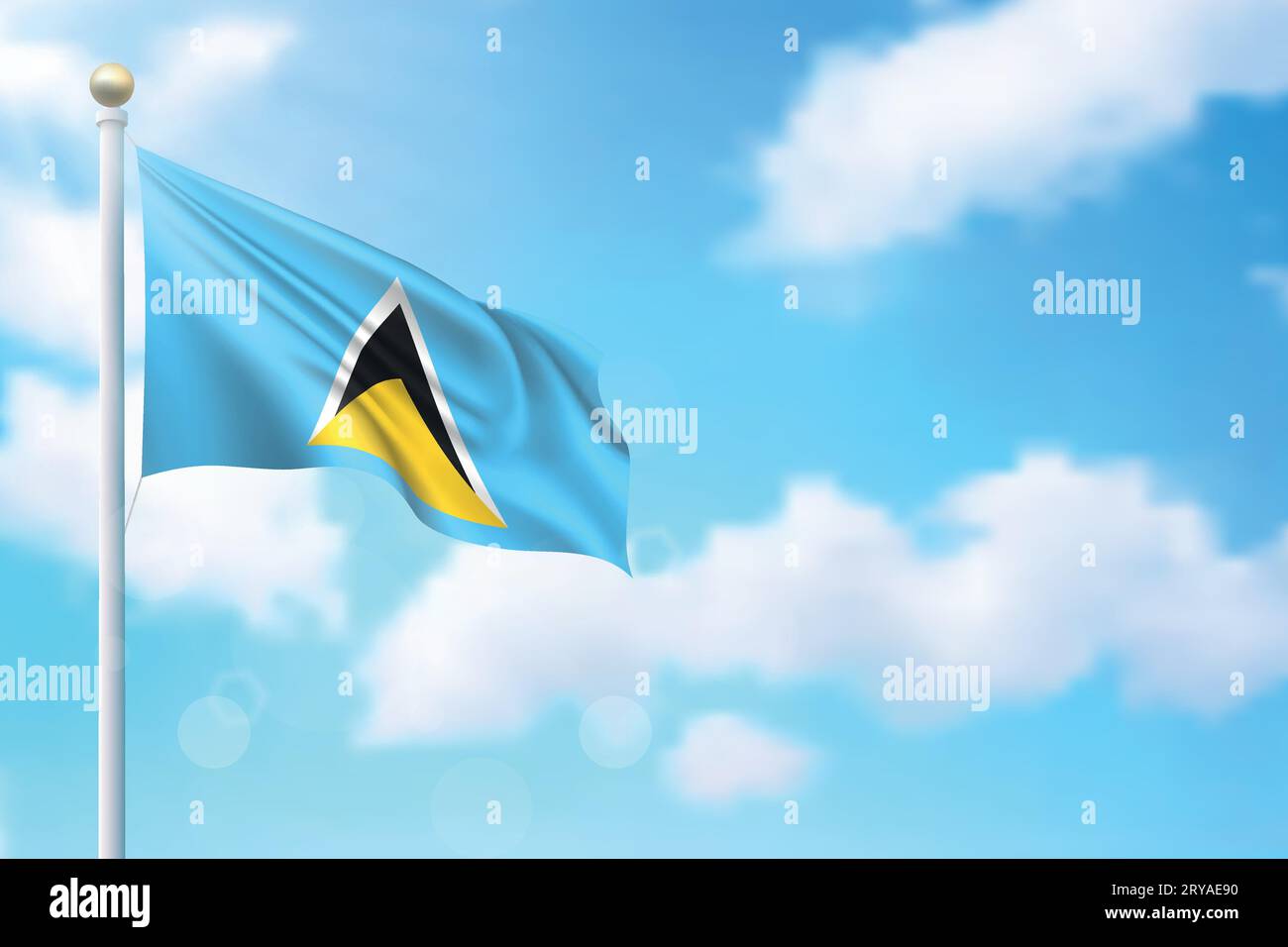 Waving flag of Saint Lucia on sky background. Template for independence day poster design Stock Vector