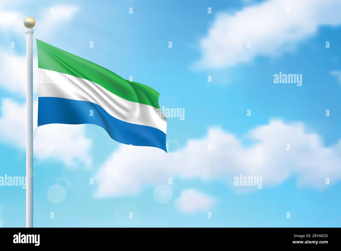 Waving flag of Sierra Leone on sky background. Template for ...