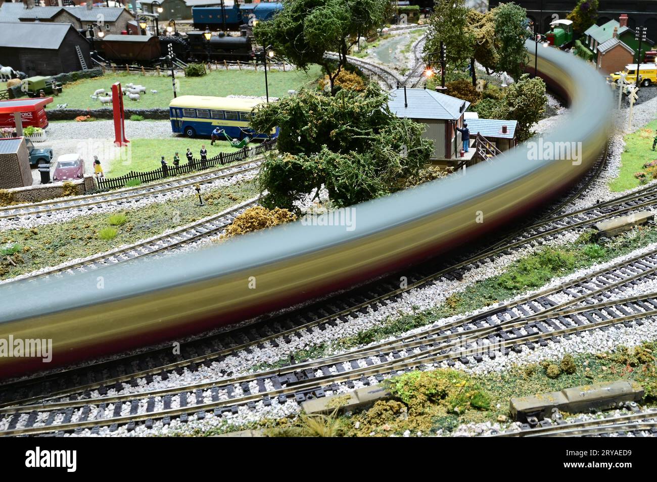 Demonstration of high velocity using a model railway. Stock Photo