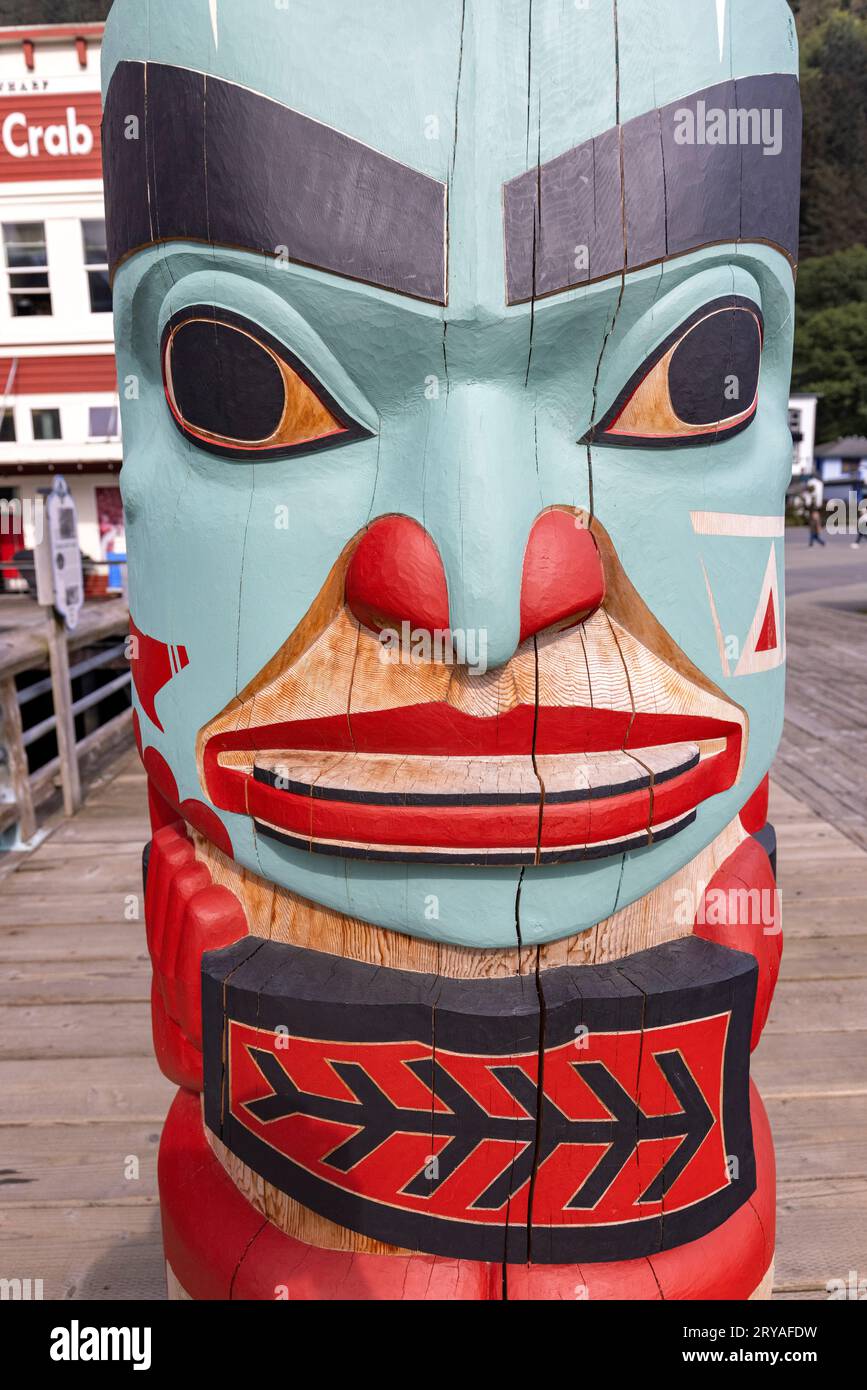 Close up of totem pole in the waterfront area of downtown Juneau