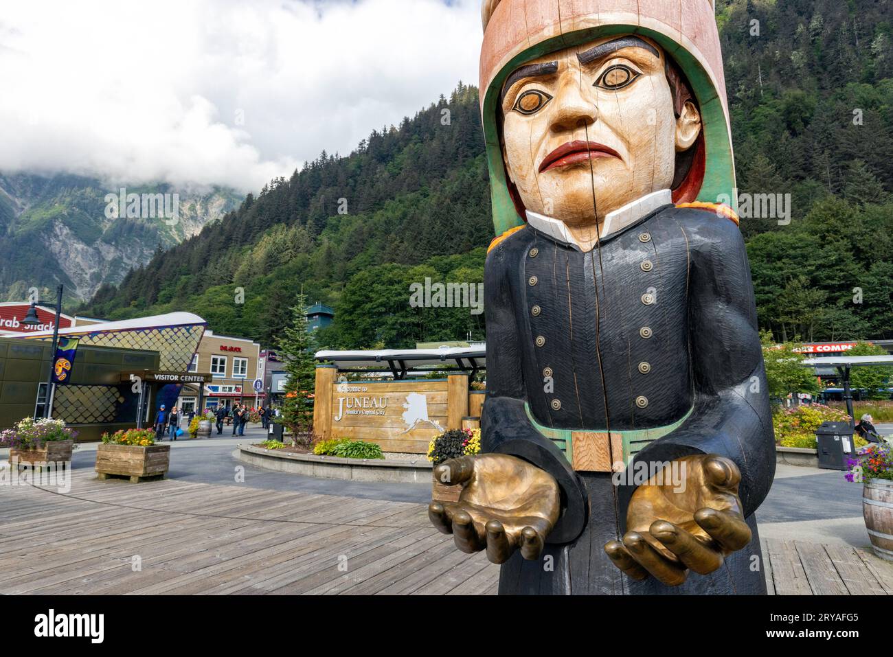 Totem pole in the waterfront area of downtown Juneau, Alaska, USA Stock Photo