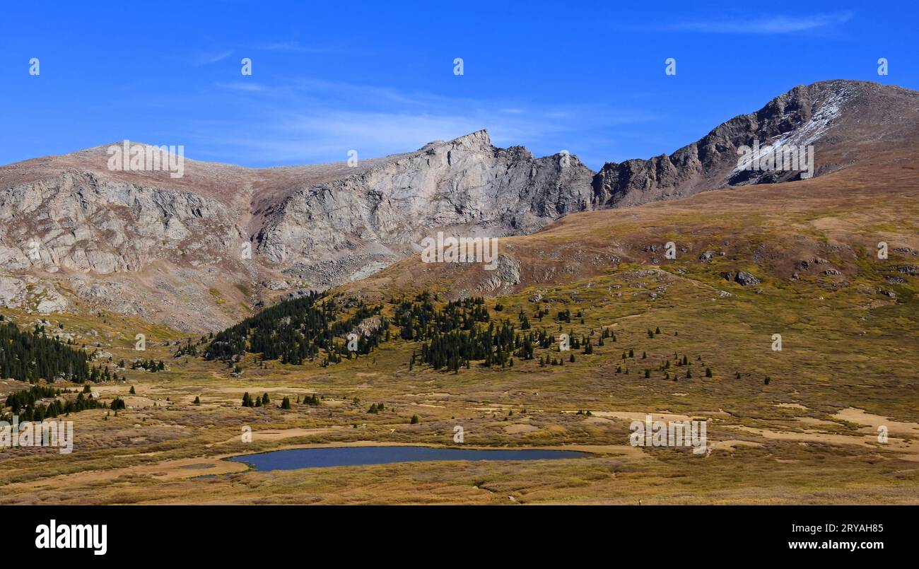view of mount bierstadt, mount evans, and alpine tundra on a sunny fall day  on guanella pass in the rocky mountains of colorado Stock Photo