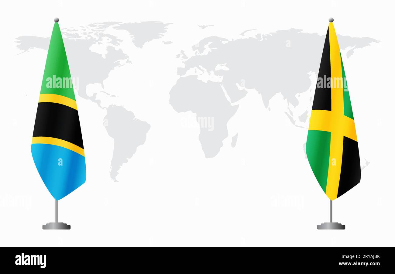 Tanzania and Jamaica flags for official meeting against background of world map. Stock Vector