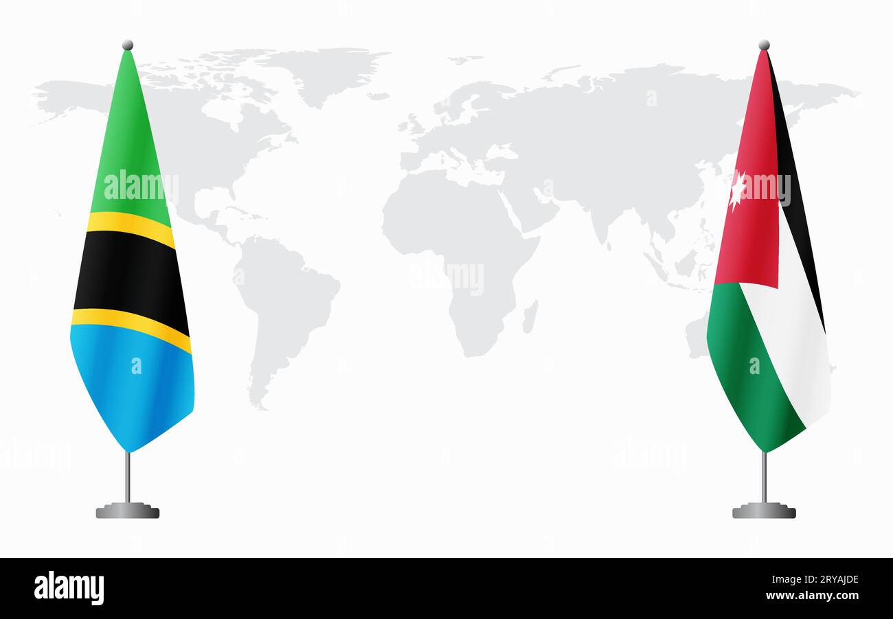 Tanzania and Jordan flags for official meeting against background of world map. Stock Vector
