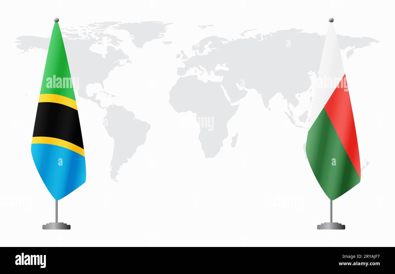 Tanzania and Madagascar flags for official meeting against background of world map. Stock Vector