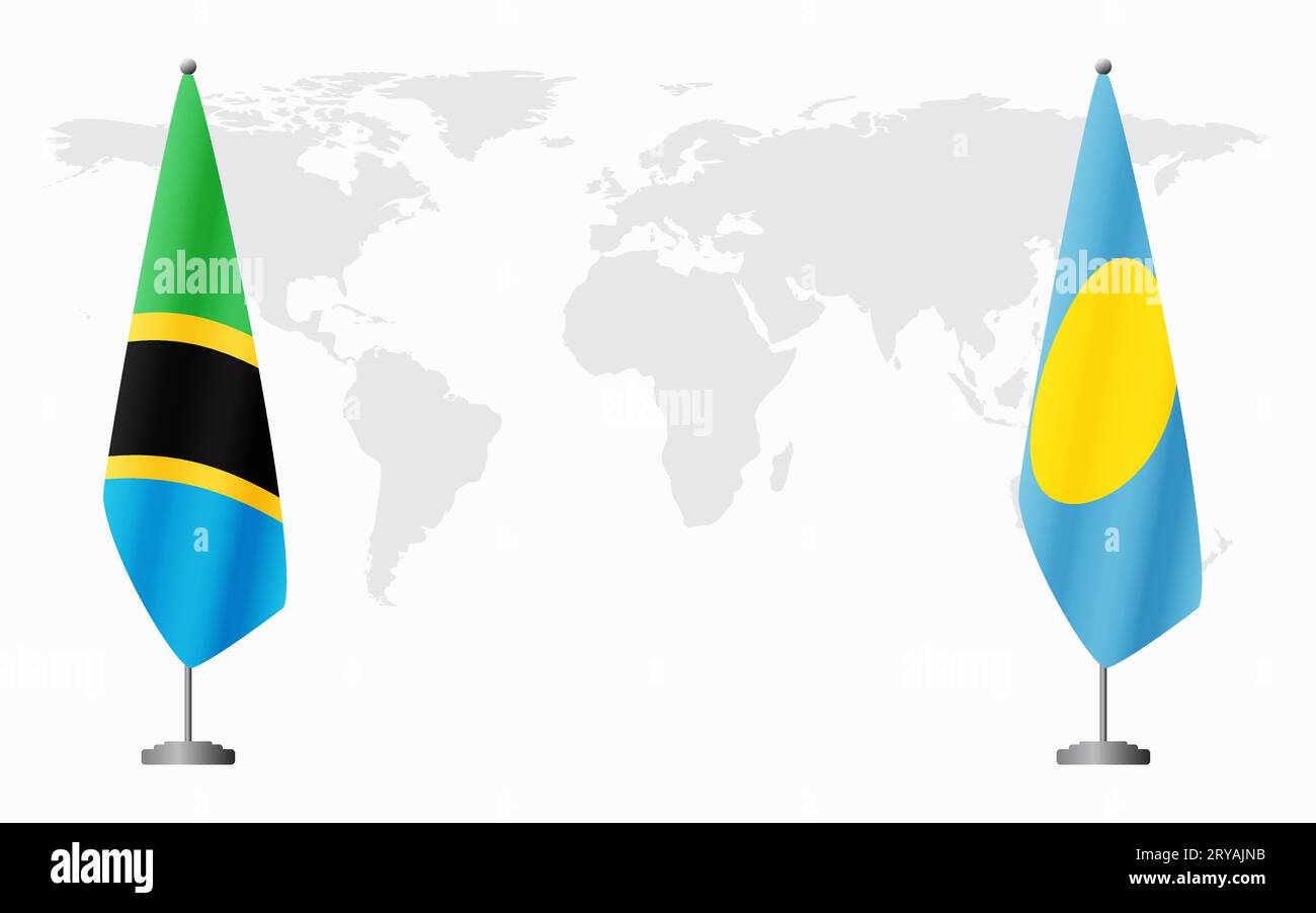 Tanzania and Palau flags for official meeting against background of world map. Stock Vector