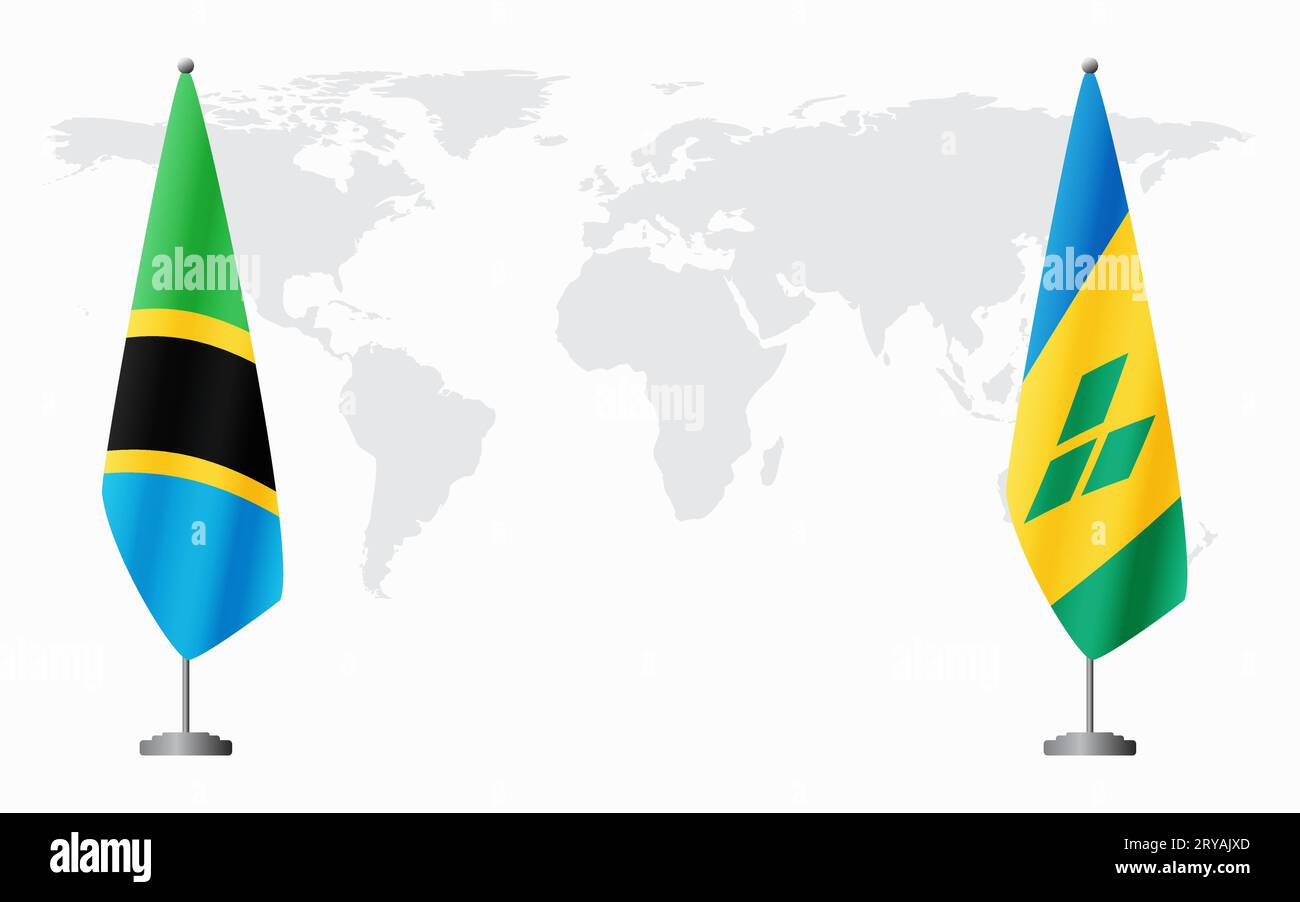 Tanzania and Saint Vincent and the Grenadines flags for official meeting against background of world map. Stock Vector