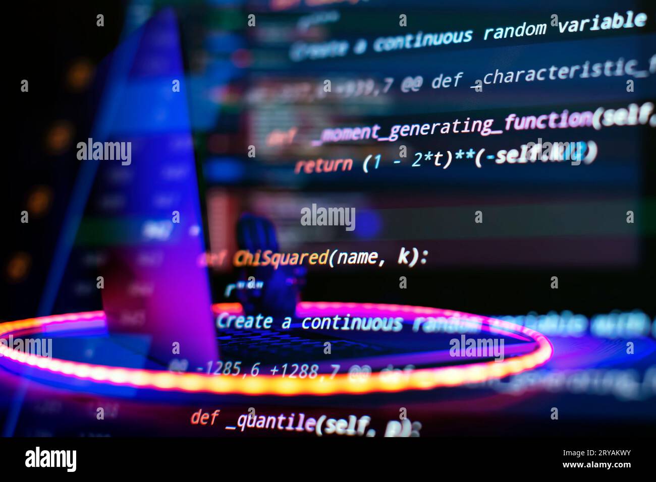 SEO optimization. Modern tech. PHP syntax highlighted. Writing programming functions on laptop. Big data and Internet of things trend. Stock Photo