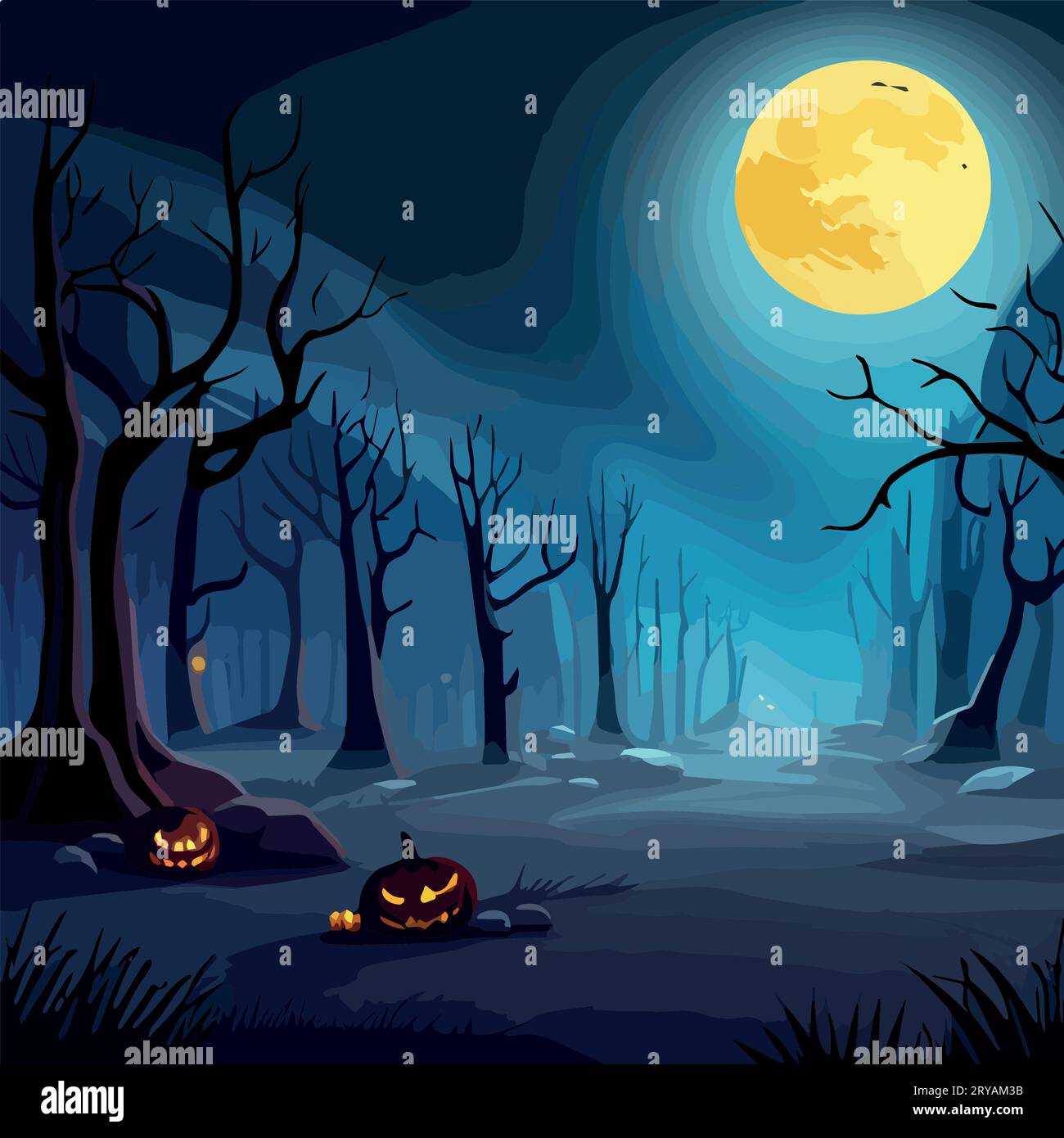 Halloween Pumpkins and Silhouettes trees in dark night forest with blue ...