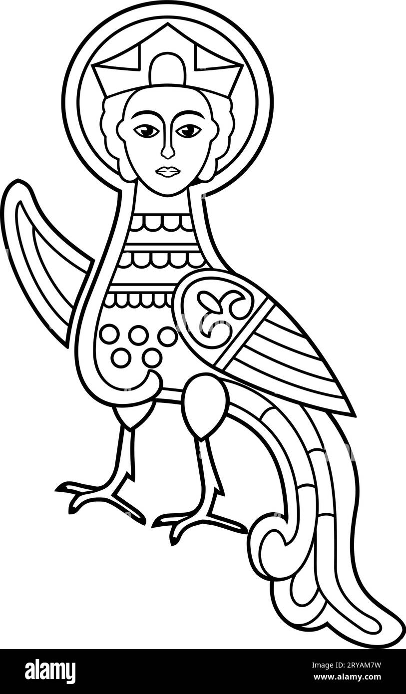 Siren or Paradise Bird, Firebird. Ancient folk symbol. Vector outline clipart isolated on white. Stock Vector