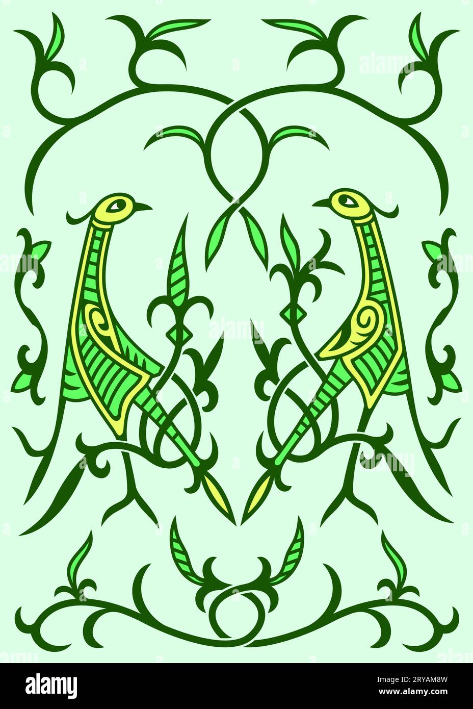 Dancing Storks. Traditional Slavic ornament in green spring colors. Vector illustration, poster. Stock Vector