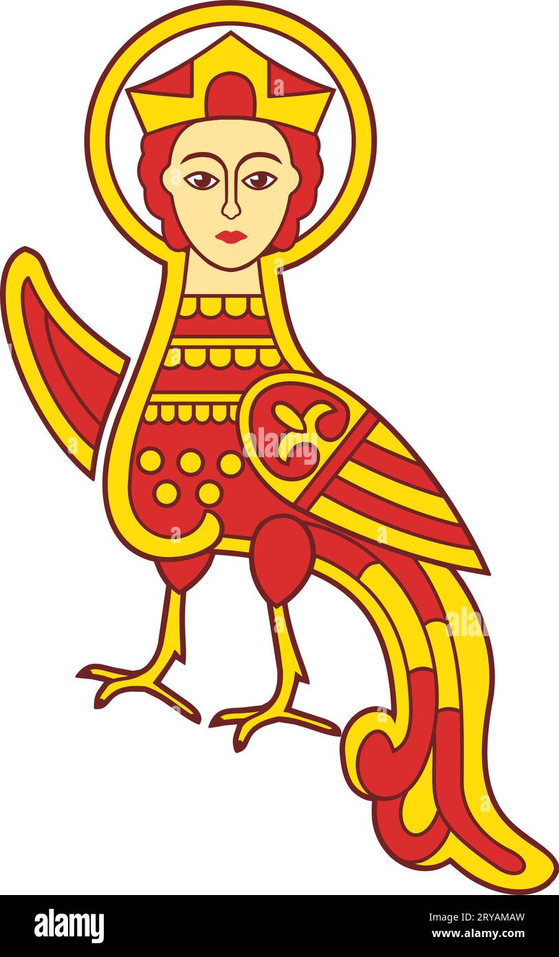 Siren or Paradise Bird, Firebird. Ancient folk symbol. Vector clipart isolated on white. Stock Vector