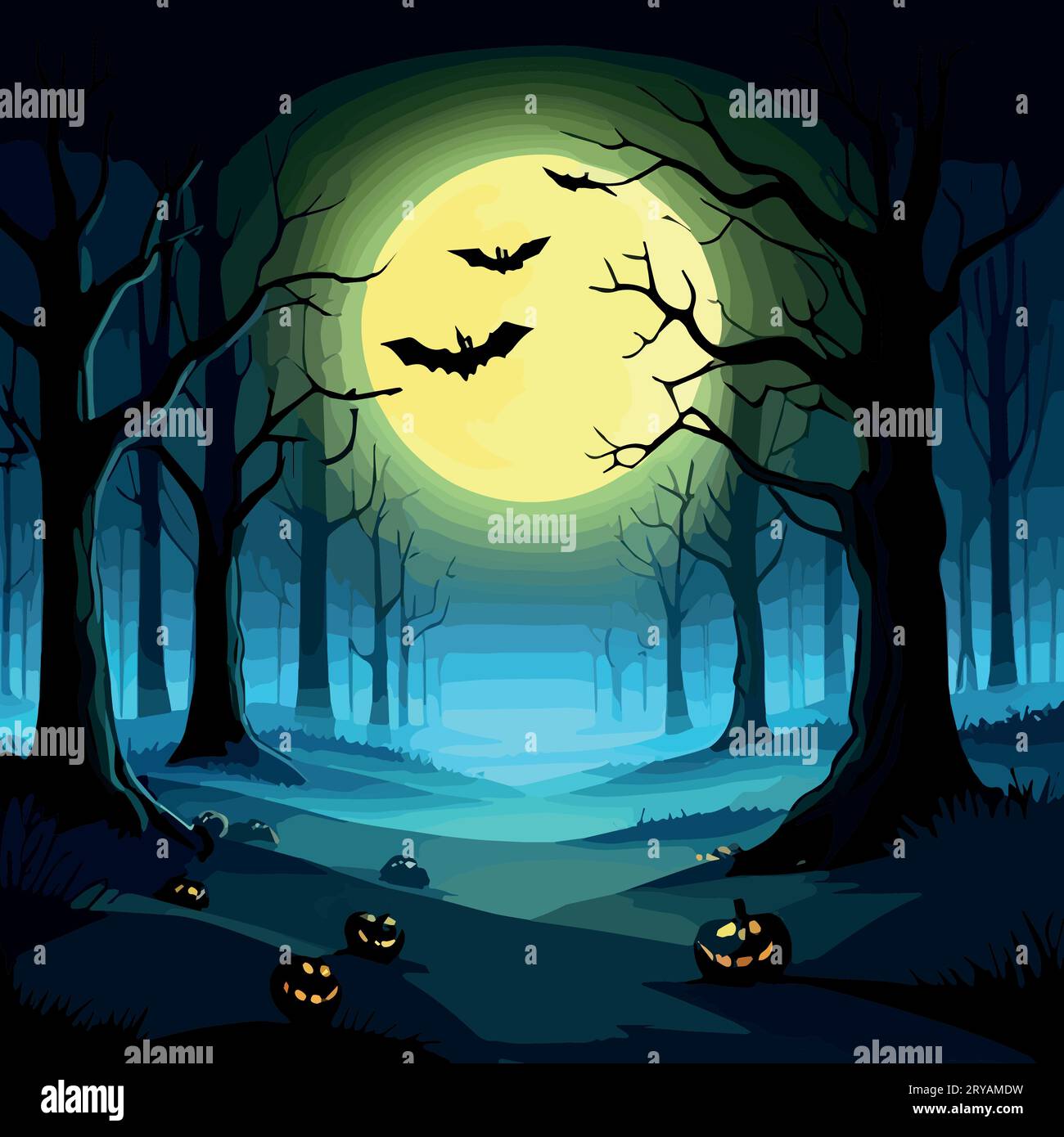 Halloween Pumpkins and Silhouettes trees in dark night forest with blue ...