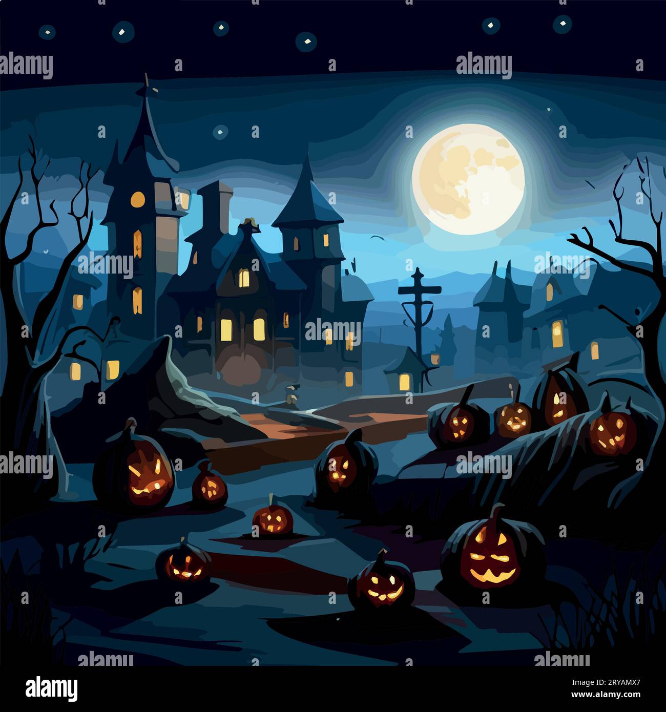 Halloween Pumpkins and Silhouettes trees in dark night forest with blue ...