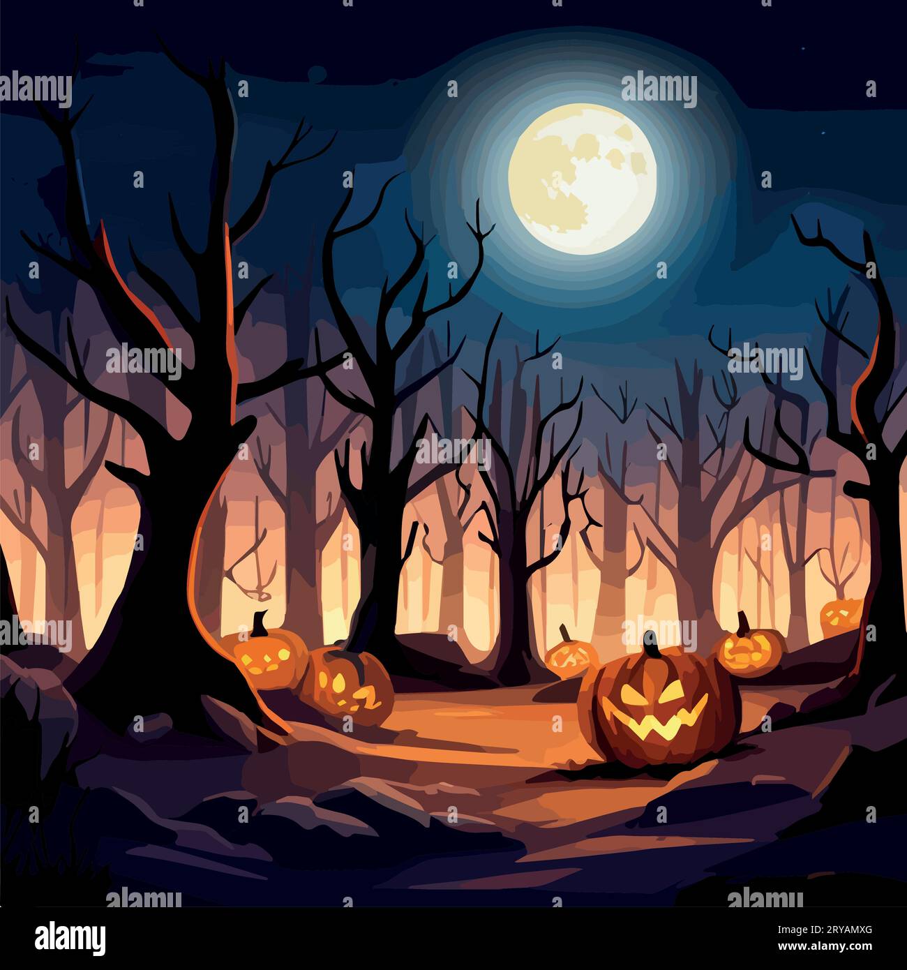 Halloween Pumpkins and Silhouettes trees in dark night forest with blue ...